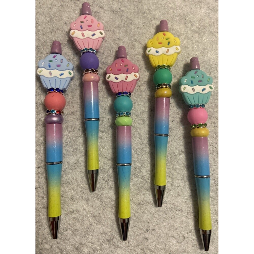 DIY Beadable Pens Cupcake Beads Craft Lot 5 Kits Pink Blue Sparkle Party Favors